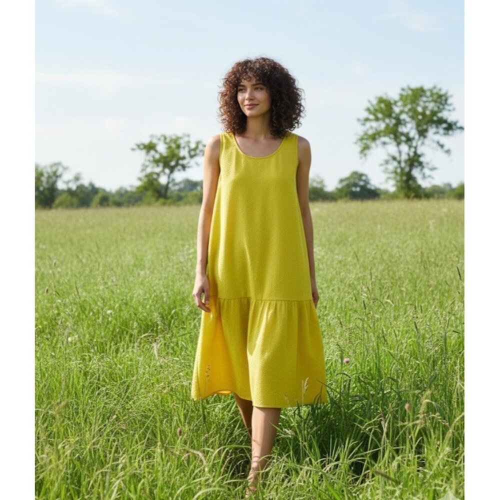 NWT Eileen Fisher Scoop Neck Midi Sunbeam Organic Cotton Ripple Tiered Dress L
